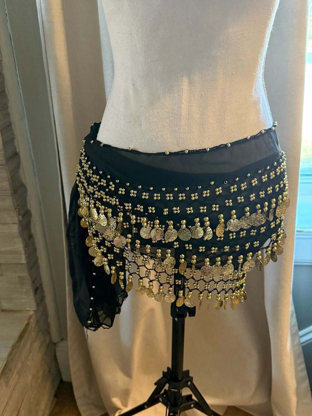 BellyLady Belly Dance Coin Hip Scarf Black Gold Coins Wrap Belt